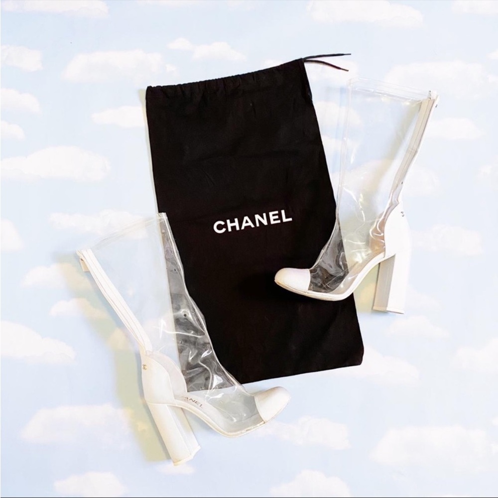 Chanel White Transparent Vinyl Heels Boots Shoes